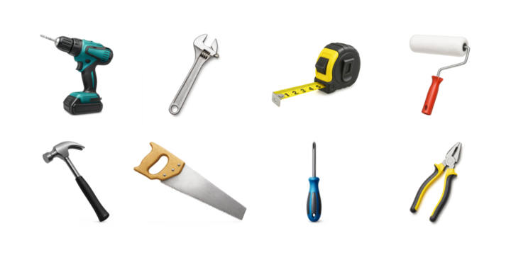 Collection of repair tool icons including drill, wrench, saw, pliers, and more in clean style on white background. Concept of repair accessories. Ai generative