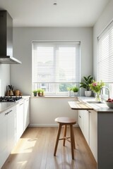 Modern kitchen, crisp white blinds, minimalist aesthetic, modern kitchen design, white