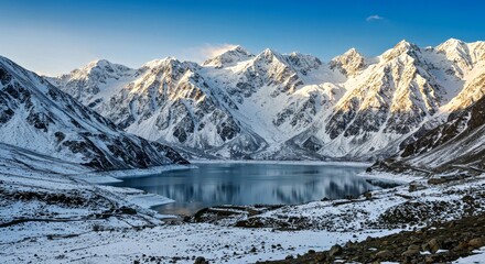 Peaceful winter landscape of Attabad Lake in Hunza Valley, Pakistan. The turquoise lake is surrounded by snow-covered mountains under a clear sky. Cold, serene beauty.