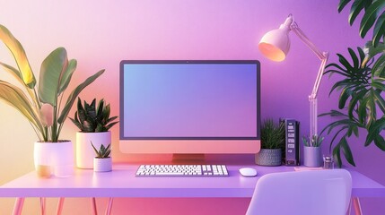 Pastel Workspace with Computer and Plants
