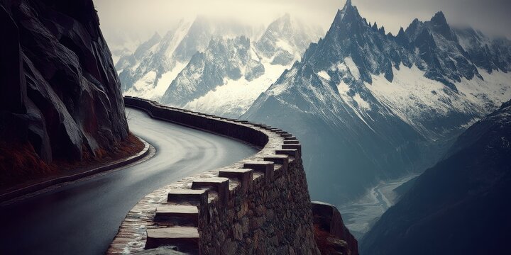 Scenic winding road along majestic mountains under cloudy sky with snow-capped peaks