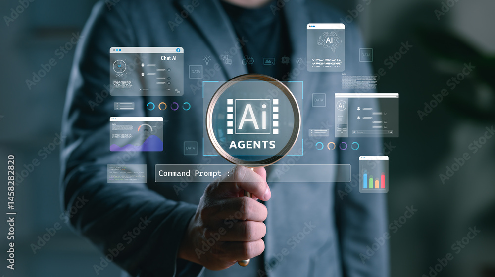 Aufkleber businessman holding magnifying glass focusing on ai agent interface surrounded by data charts and co
