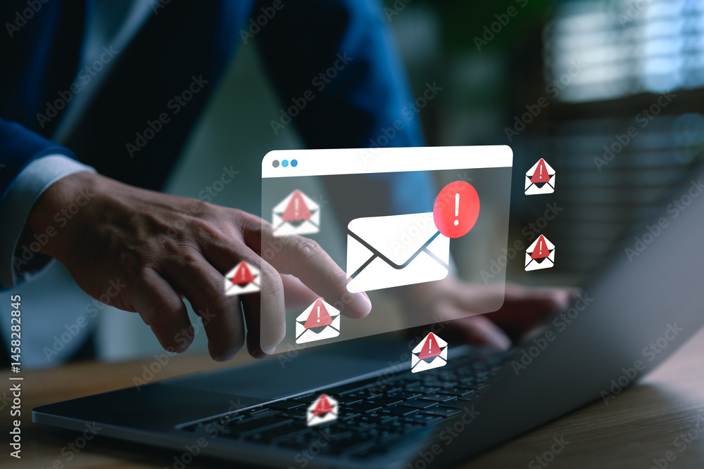 Aufkleber A businessman using a laptop with floating email alert icons, symbolizing phishing attacks, spam threats, and cybersecurity risks in modern digital communication systems.