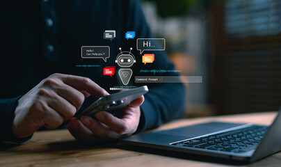 User interacting with AI chatbot on mobile device, surrounded by speech bubbles, voice waveforms,...