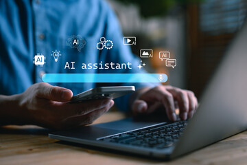 User interacting with virtual AI assistant interface on mobile, laptop, icons for voice, text,...
