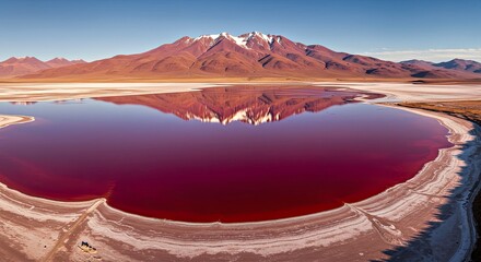 Stunning high-altitude view of Laguna Colorada (Red Lagoon) in Bolivia, featuring its vivid, shallow red waters within the stark Altiplano landscape of the Andes.