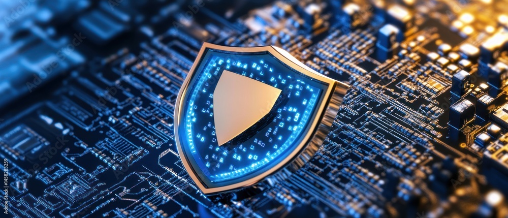 Aufkleber digital shield on circuit board cybersecurity and data protection