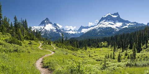 Fototapeta premium Scenic View of Majestic Mountains with Clear Blue Sky and Serene Green Meadow Trail