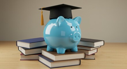 Piggy bank wearing graduation cap sitting on stack of books on table.