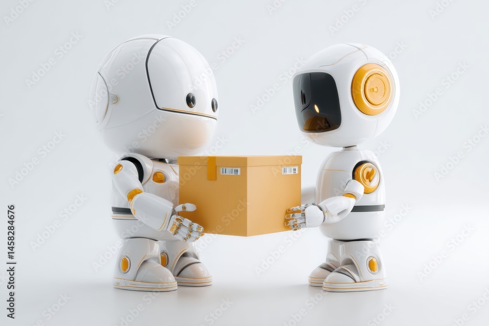 Poster robot courier delivers package in a sleek, futuristic setting with a clean design generative ai