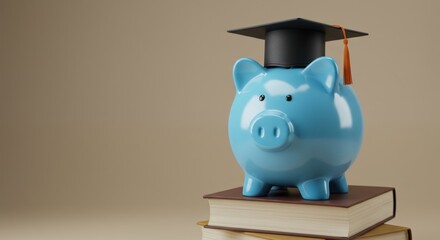 Blue piggy bank wearing graduation cap sitting on stacked books against beige background.