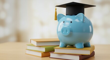 Piggy bank wearing graduation cap sits on stack of books on table.