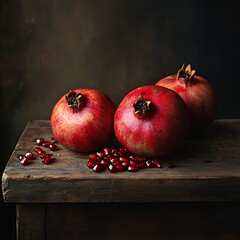 Juicy pomegranates with seeds scattered on wood surface, one fruit cut open showing red seeds inside