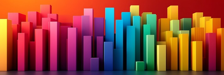 Obraz premium Abstract 3D render of colorful rectangular blocks of varying heights against an orange gradient backdrop