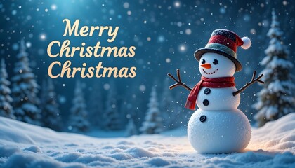 Merry Christmas and Happy New Year Greeting Card Snowman in Winter Snow Landscape with Copy Space