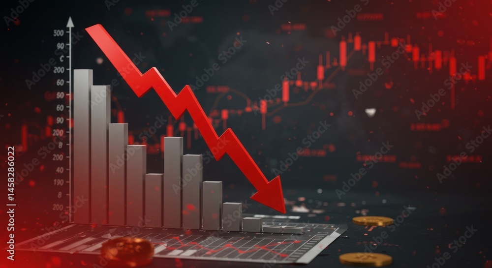 Aufkleber a bar graph with a red arrow pointing down on a laptop screen.