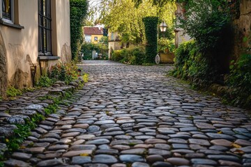 Fototapeta premium Cobblestone pavement leading to a charming house amidst greenery on a sunny day, cobblestone pavement yard of house