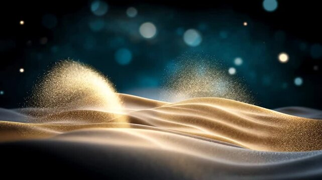 Abstract gold and silver wave with bokeh on a deep blue backdrop, sparkling
