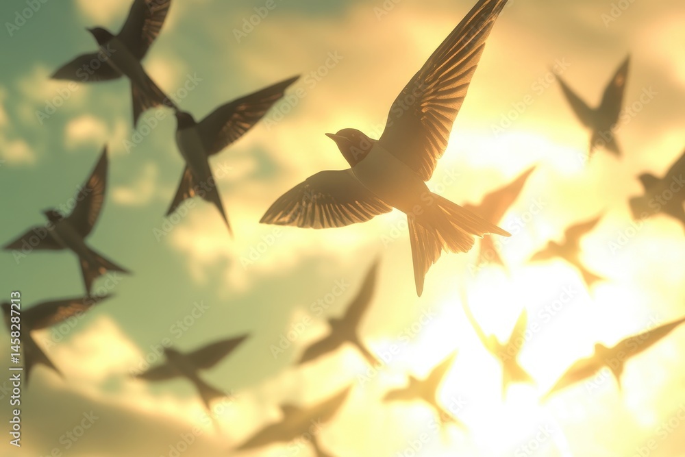 Poster flock of swallows gracefully migrating during sunset in a vibrant sky, a flock of swallows migrating