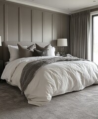 Luxurious bedroom interior design, neutral tones, plush bedding, large window