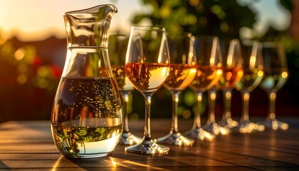 Obraz premium Golden Hour Wine Tasting Sparkling Wine in Carafe and Glasses Outdoors