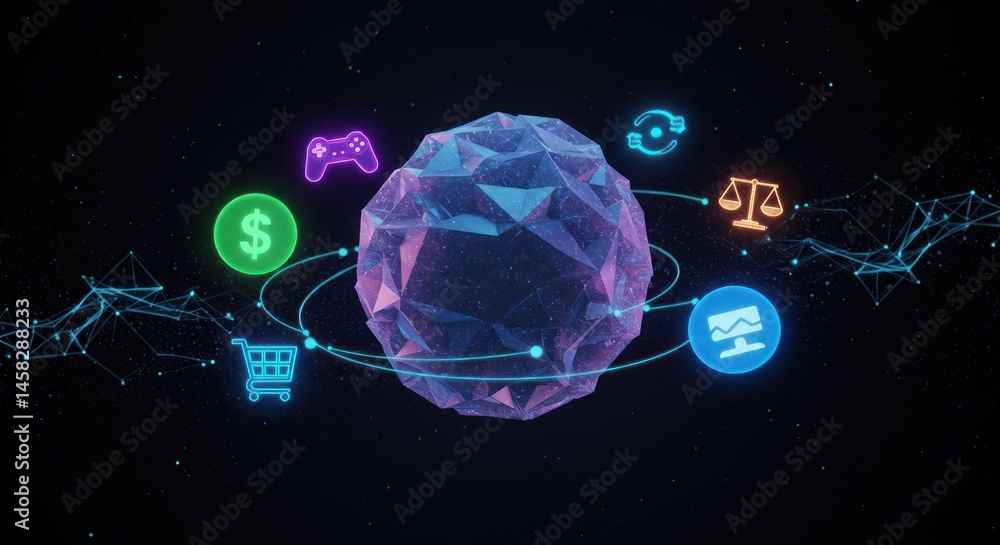 Poster digital sphere surrounded by icons representing finance technology and other concepts on dark backgr