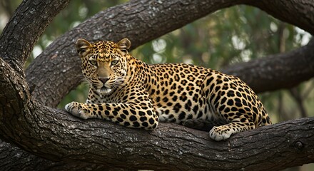Majestic Leopard Resting on a Tree Branch: Serene Wildlife Photography