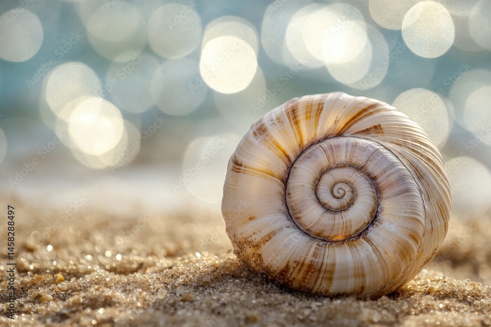 Poster closeup of spiral seashell resting on soft sandy surface with blurred sparkling ocean background, cl