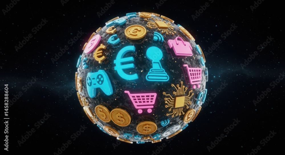 Poster sphere covered in various icons representing online shopping and digital transactions.