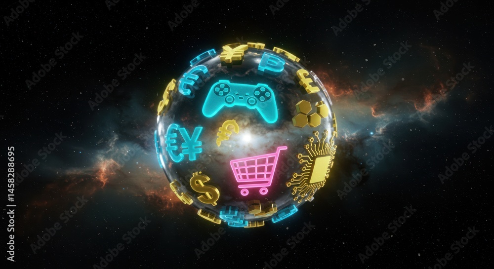Poster glowing icons surround a sphere against a dark space background with nebula.