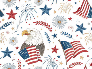Celebrating with Flags and Eagles Seamless Pattern on White