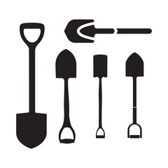 Silhouette set of various garden shovels and spades isolated on white background, ideal for gardening tools illustrations