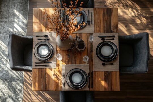 photoreal table set for four, stylish decor and balanced layout