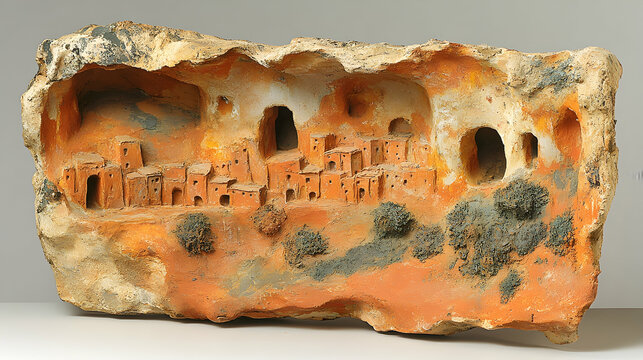 Intricate terracotta relief depicting a village nestled within a rocky landscape, showcasing detailed architecture and vegetation