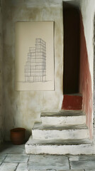 Rustic interior with worn stone stairs, a simple architectural drawing, and a terracotta pot