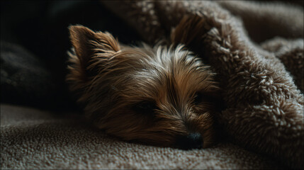 Cozy little dog snuggle next to a soft blanket