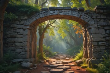 Ancient stone archway frames ethereal portal, vibrant forest backdrop, vibrant, jungle