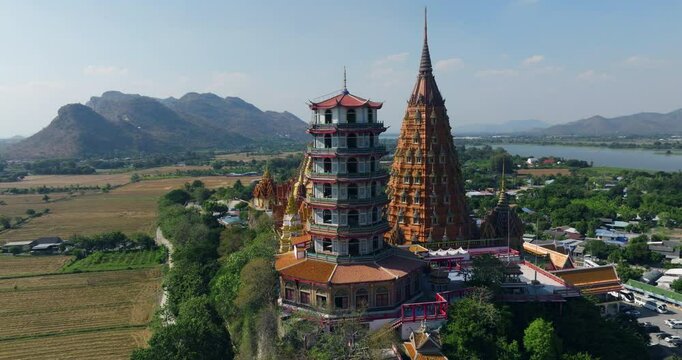 Chinese-Style Buddhist Temples At Wat Tham Suea In Kanchanaburi, Thailand. - aerial shot