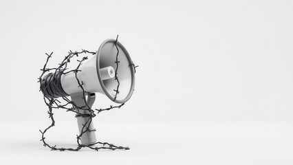 A megaphone wrapped in barbed wire symbolizes the suppression of freedom of speech and censorship. A minimalist, conceptual image. Suitable for themes of politics, rights, protest.