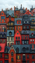 Fototapeta premium A dense cluster of charming, multi-colored townhouses, predominantly red and dark gray, with varied architectural details and steeply pitched roofs