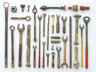 Fototapeta premium Assorted vintage tools arranged on a white background