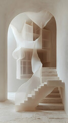A minimalist architectural model features a flowing, translucent fabric cascading down a staircase within a light-filled arched alcove
