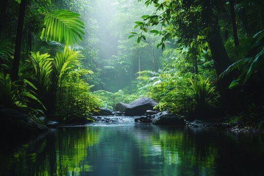 Tranquil rainforest landscape with lush greenery and calm waters in serene jungle atmosphere, Calm and serene nature of rainforest Jungle environment during rain season