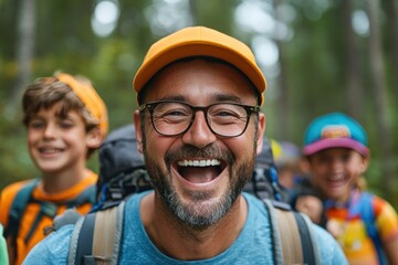 Happy family hiking  A man and children smiling outdoors