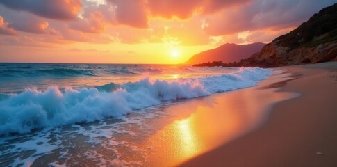 Obraz premium Ocean waves crashing on a sandy shore at sunset, incoming, golden, photo