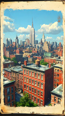 Naklejka premium Vintage postcard view of a city skyline, showcasing a tall skyscraper amidst lower brick buildings under a partly cloudy sky