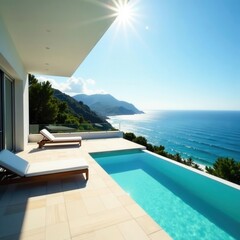 Fototapeta premium Oceanfront luxury villa, infinity pool, sun-drenched terrace, spa, relaxation