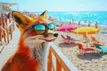 A fox models reflective sunglasses while standing on a boardwalk close to a lively beach. Colorful umbrellas and chairs create a cheerful seaside backdrop. Sunlight enhances the vibrant scene