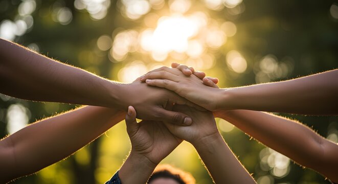Unity and Teamwork: Diverse Hands Joined Together in a Symbol of Collaboration and Support