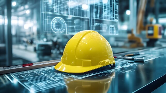 Modern industrial safety helmet over technical blueprints.